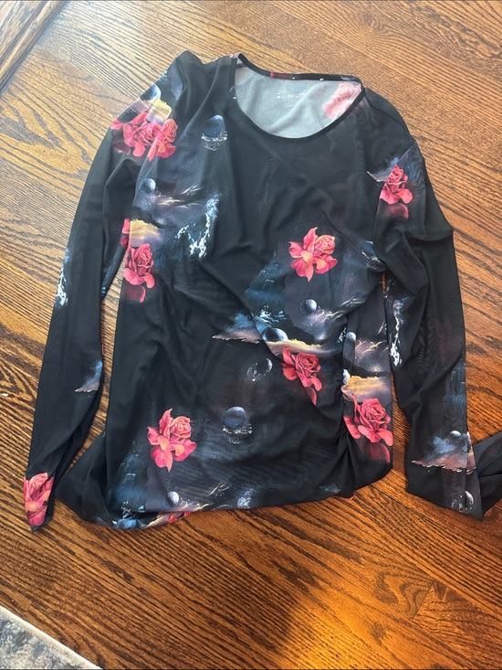 Ganni Tops - Women’s Black Floral Long-Sleeve Mesh Top - Pink Rose Print